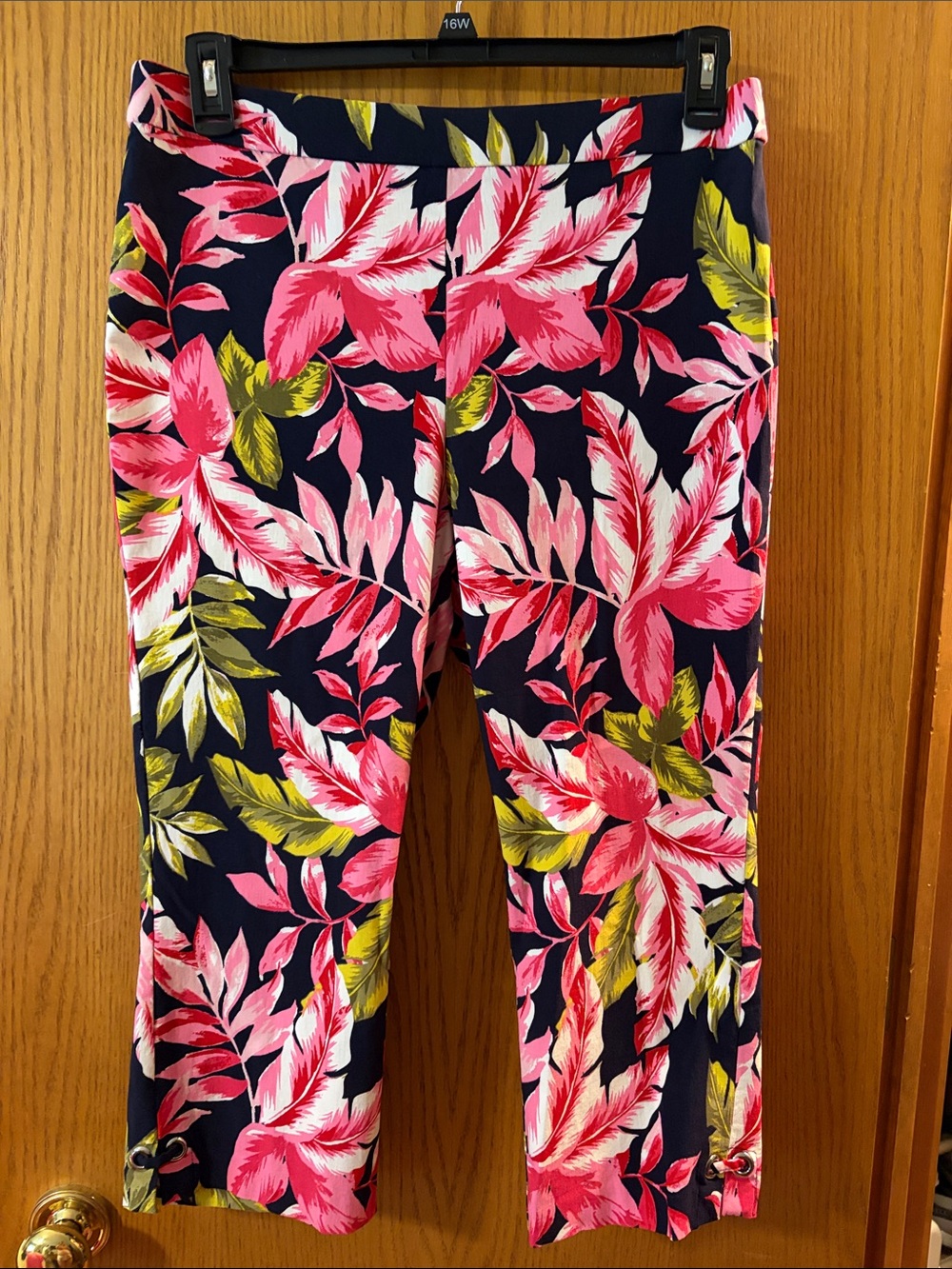 Rafaella Navy Cropped Pants with Pink & Green Tropical Print